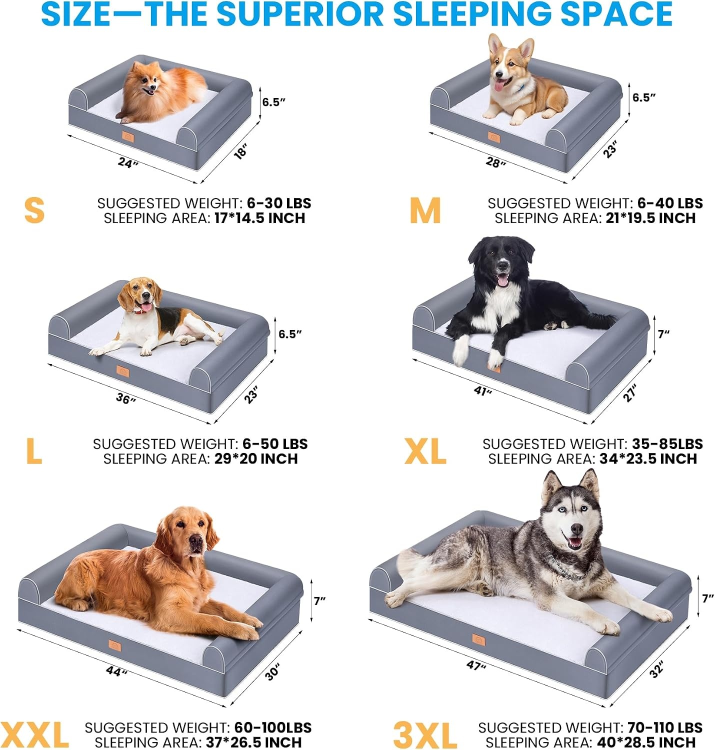 image:imageSunheir Giant Orthopedic Dog Bed Deluxe Plush Washable Dog Sofa Beds for Jumbo Dogs Pet Couch Bed with Removable Washable Cover Waterproof Lining Bolster Zipper 47 x 32 x 7 Grey