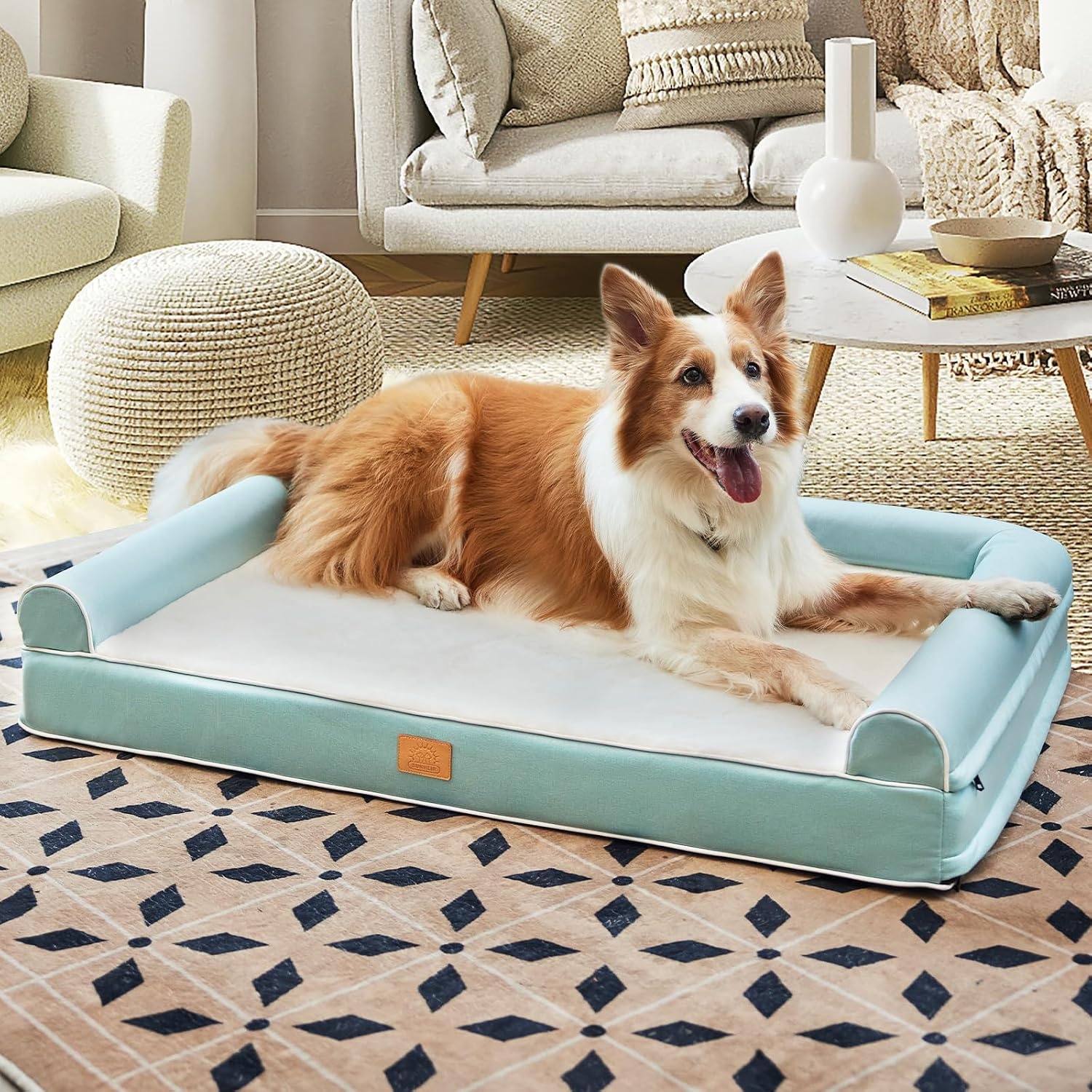 image:imageSunheir Large Deluxe Plush amp Faux Leather Orthopedic Bed for Large Jumbo Medium Small Dog Breeds Waterproof Couch With Washable Removable Cover Bolster Zipper Sky Blue
