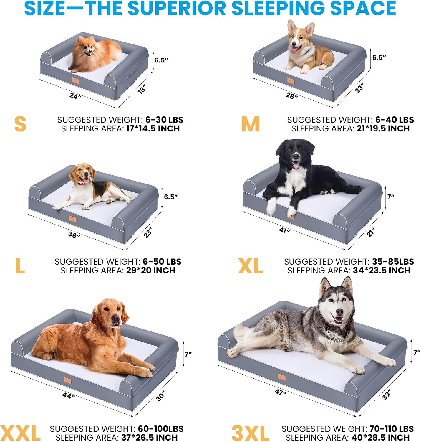 image:imageSunheir Orthopedic Dog Bed for Extra Large Dogs XXL Washable Dog Sofa Beds Large Deluxe Plush Pet Couch Bed with Removable Washable Cover Waterproof Lining Bolster Zipper 44 x 30 x 7 Grey