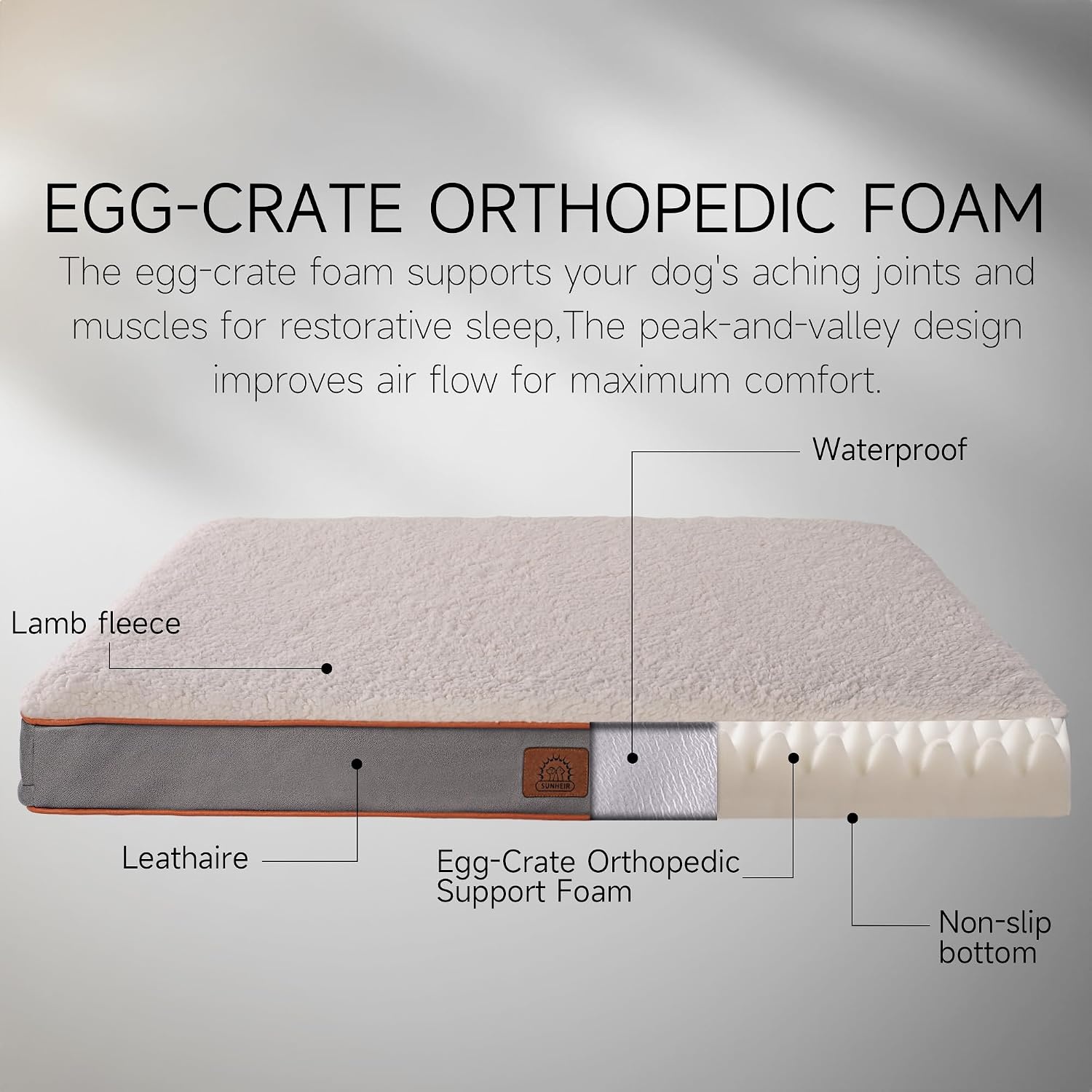 image:imageSunheir Orthopedic Dog Beds Large Sized Dog Big Waterproof Dog Crate Pad Removable Washable Cover Egg Crate Foam Support AntiSlip Bottom Soft Plush Large Pet Bed Mat for Crate Light GreyLight Grey