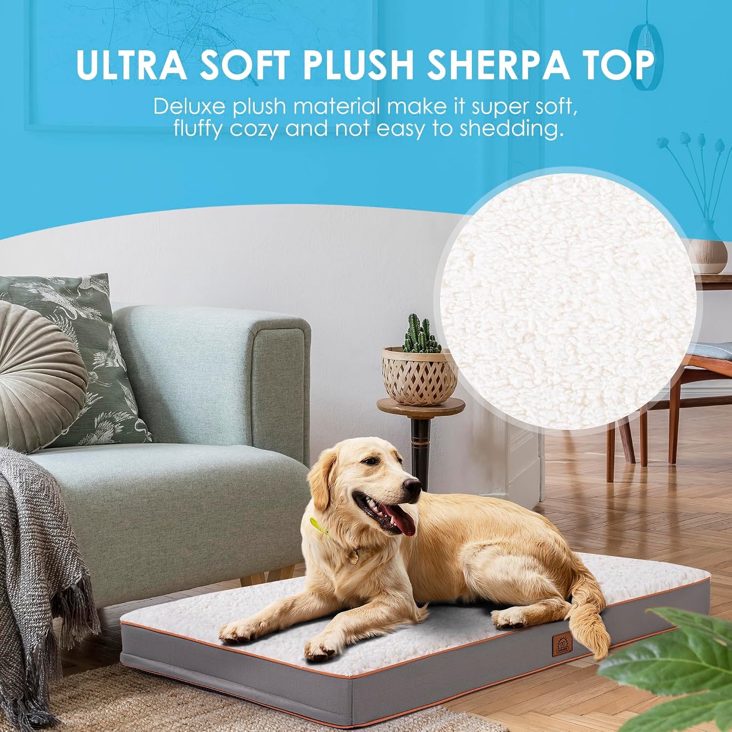 image:imageSunheir Orthopedic Dog Beds Large Sized Dog Big Waterproof Dog Crate Pad Removable Washable Cover Egg Crate Foam Support AntiSlip Bottom Soft Plush Large Pet Bed Mat for Crate Light GreyLight Grey
