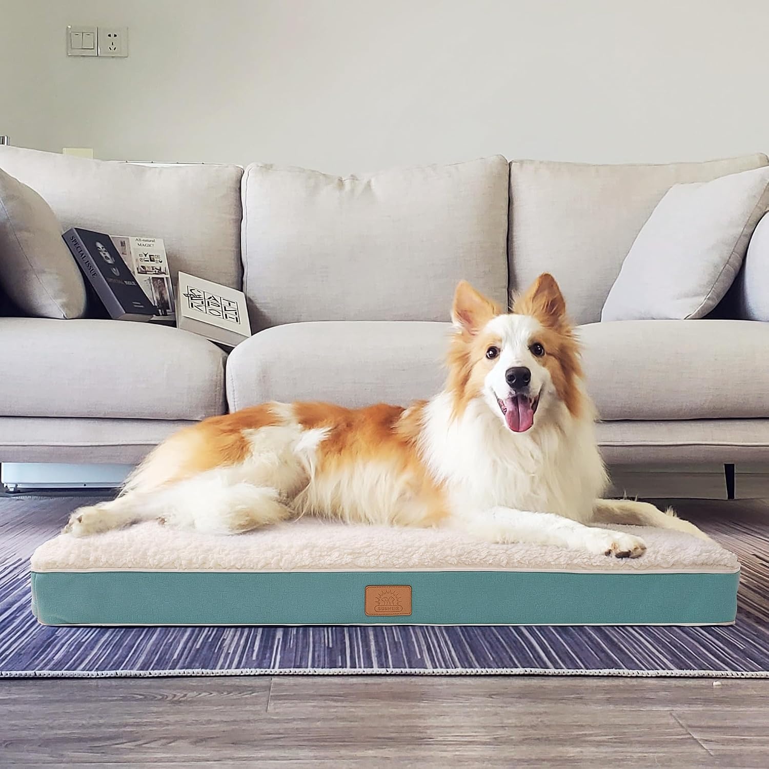 image:imageSunheir Orthopedic Dog Beds Large Sized Dog Big Waterproof Dog Crate Pad Removable Washable Cover Egg Crate Foam Support AntiSlip Bottom Soft Plush Large Pet Bed Mat for Crate Light GreyBlue