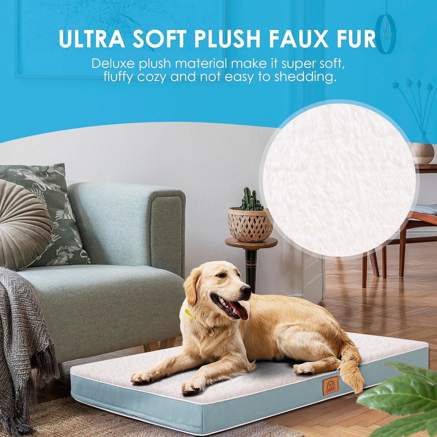 image:imageSunheir Orthopedic Dog Beds Large Sized Dog Big Waterproof Dog Crate Pad Removable Washable Cover Egg Crate Foam Support AntiSlip Bottom Soft Plush Large Pet Bed Mat for Crate Light GreyBlue