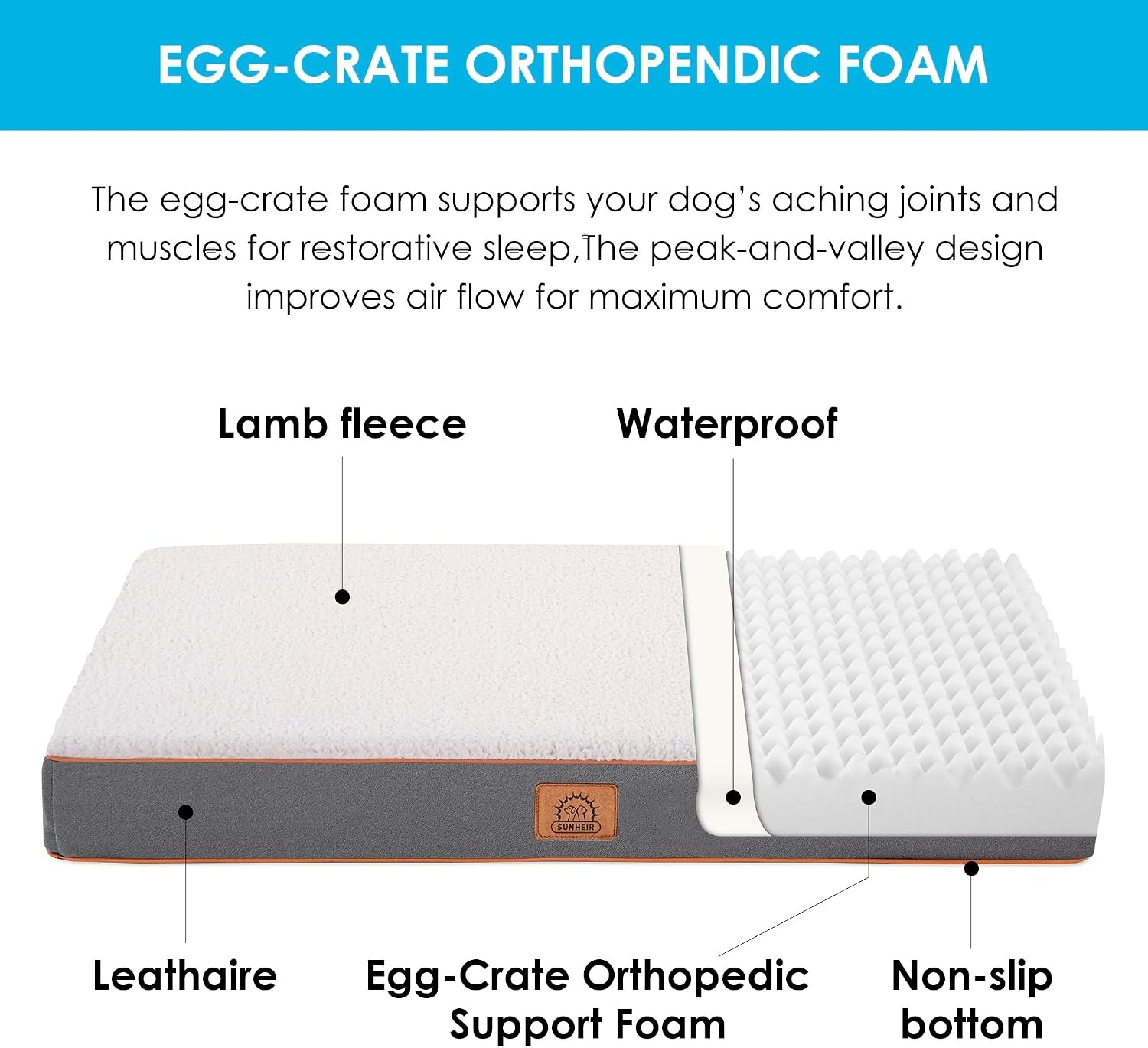 image:imageSunheir Orthopedic Dog Beds Large Sized Dog Big Waterproof Dog Crate Pad Removable Washable Cover Egg Crate Foam Support AntiSlip Bottom Soft Plush Large Pet Bed Mat for Crate Light GreyLight Grey