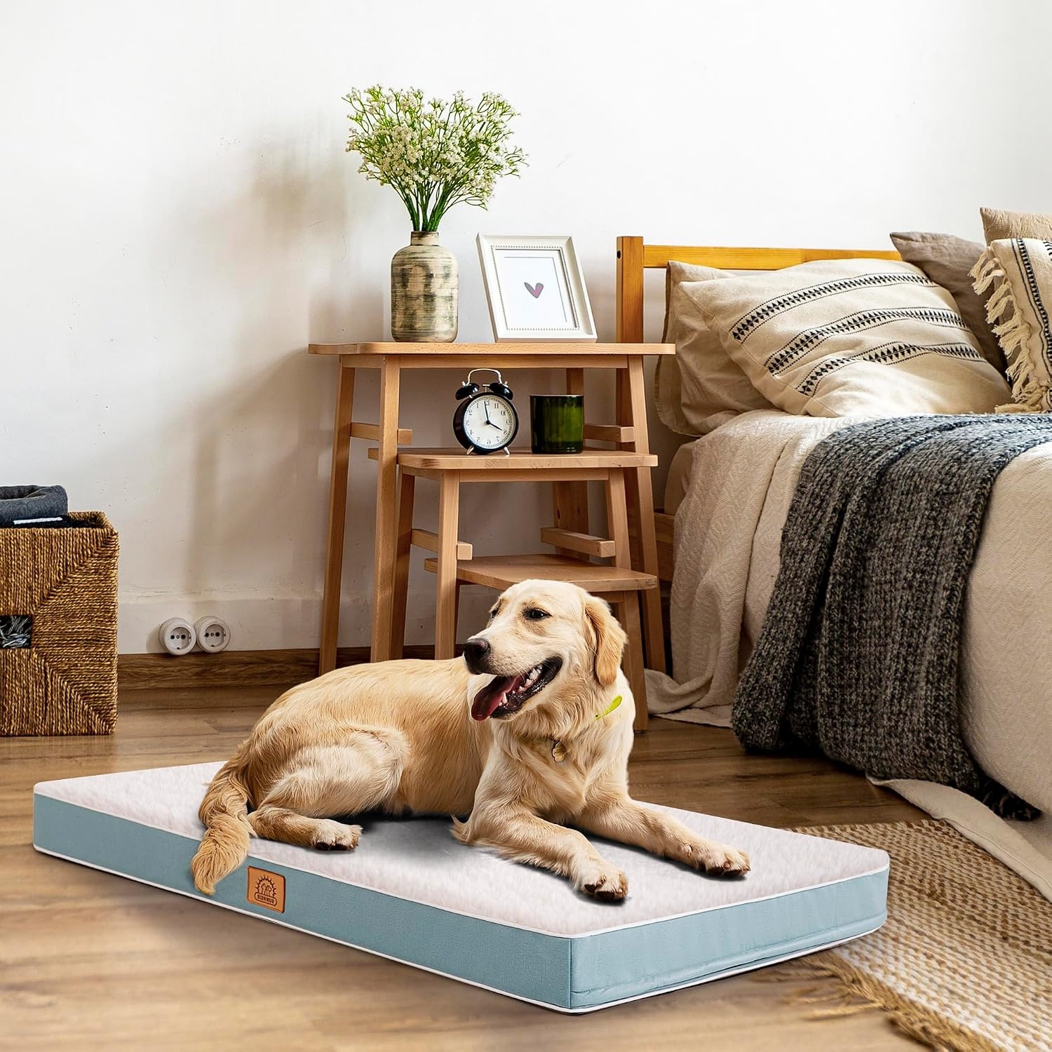 image:imageSunheir Orthopedic Dog Beds Large Sized Dog Big Waterproof Dog Crate Pad Removable Washable Cover Egg Crate Foam Support AntiSlip Bottom Soft Plush Large Pet Bed Mat for Crate Light GreyBlue