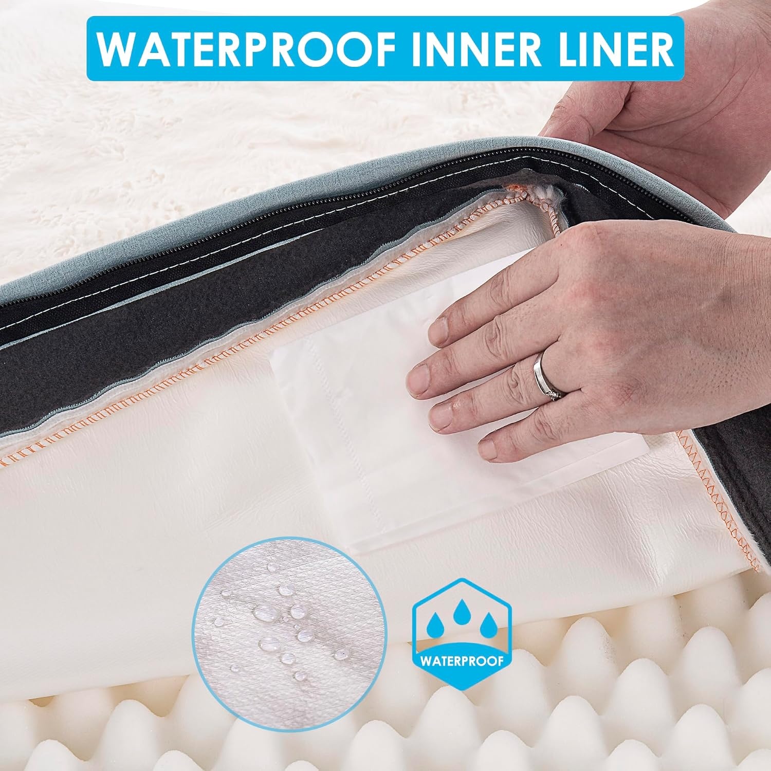 image:imageSunheir Orthopedic Dog Beds Large Sized Dog Big Waterproof Dog Crate Pad Removable Washable Cover Egg Crate Foam Support AntiSlip Bottom Soft Plush Large Pet Bed Mat for Crate Light GreyBlue