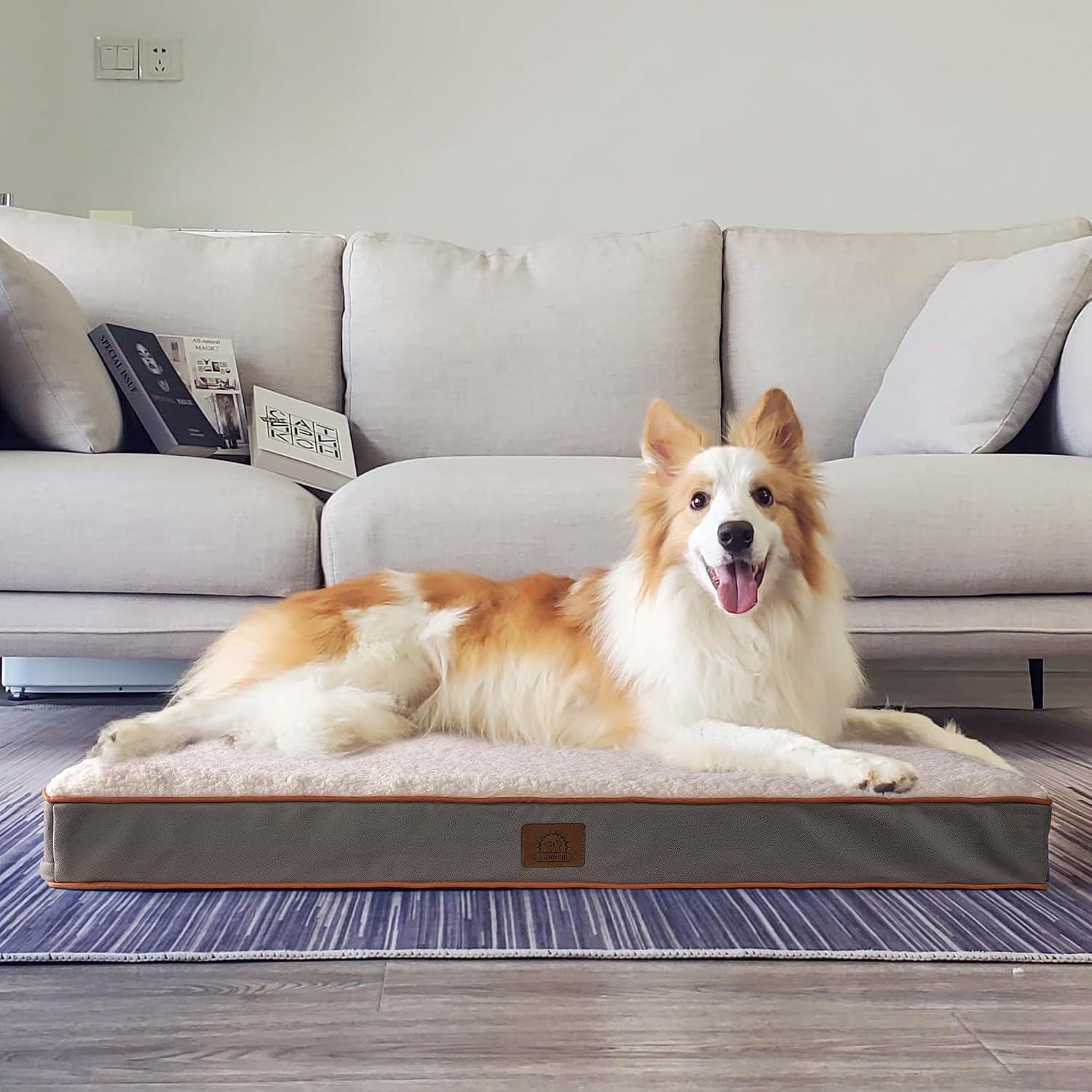 image:imageSunheir Orthopedic Dog Beds Large Sized Dog Big Waterproof Dog Crate Pad Removable Washable Cover Egg Crate Foam Support AntiSlip Bottom Soft Plush Large Pet Bed Mat for Crate Light GreyLight Grey