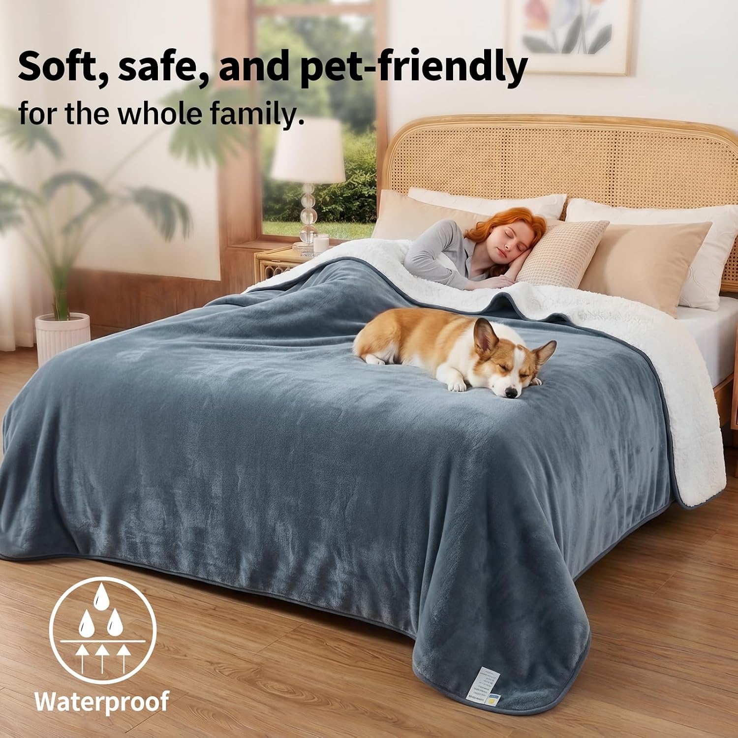 image:imageSunheir Waterproof Blanket for King Size Bed 108x86 Soft Reversible Sherpa Fleece Flannel Dog Blankets for Large Dogs Pet Blanket for Bed Couch Soft Plush Furniture Protector PinkGrey