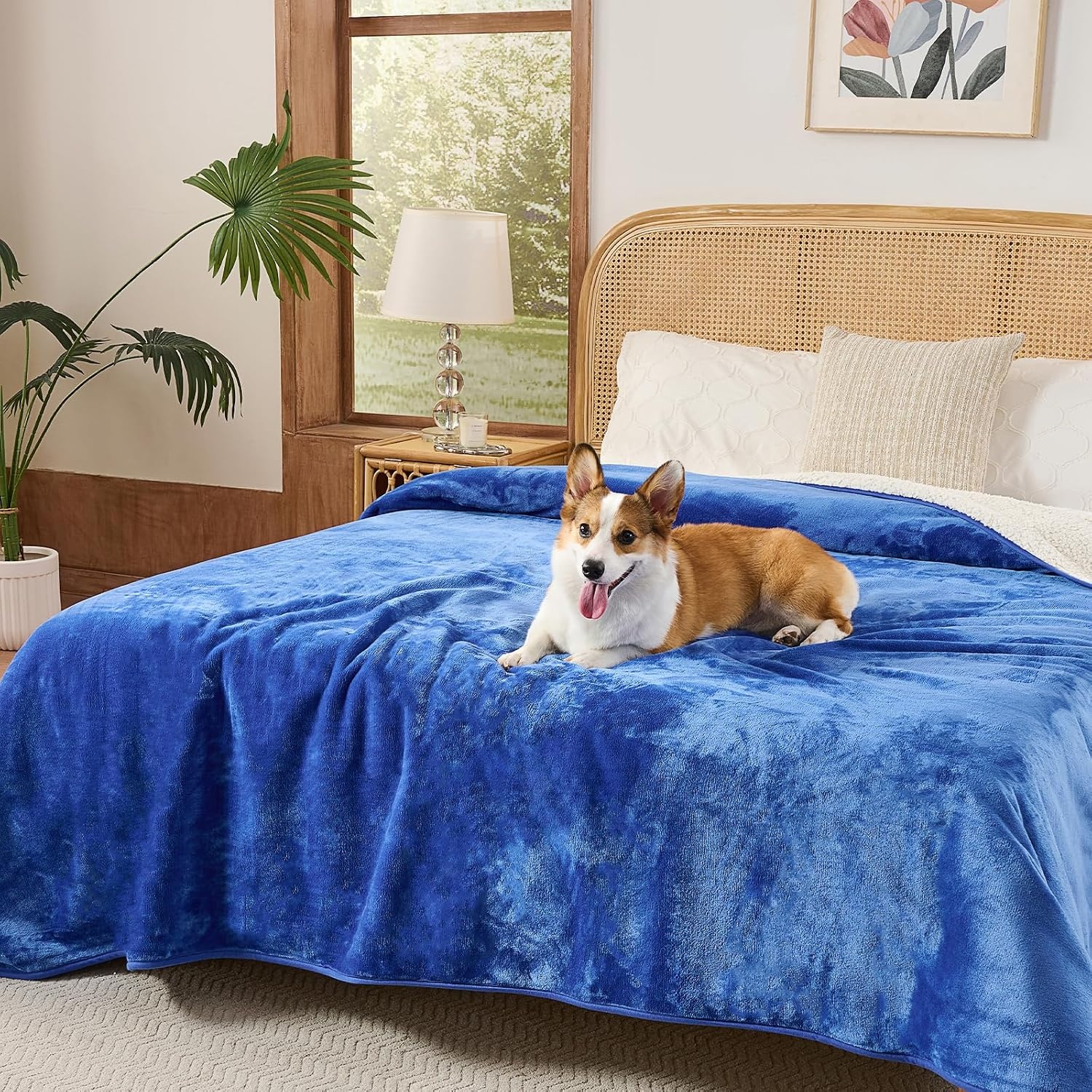 image:imageSunheir Waterproof Blanket for King Size Bed 108x86 Soft Reversible Sherpa Fleece Flannel Dog Blankets for Large Dogs Pet Blanket for Bed Couch Soft Plush Furniture Protector PinkBlue