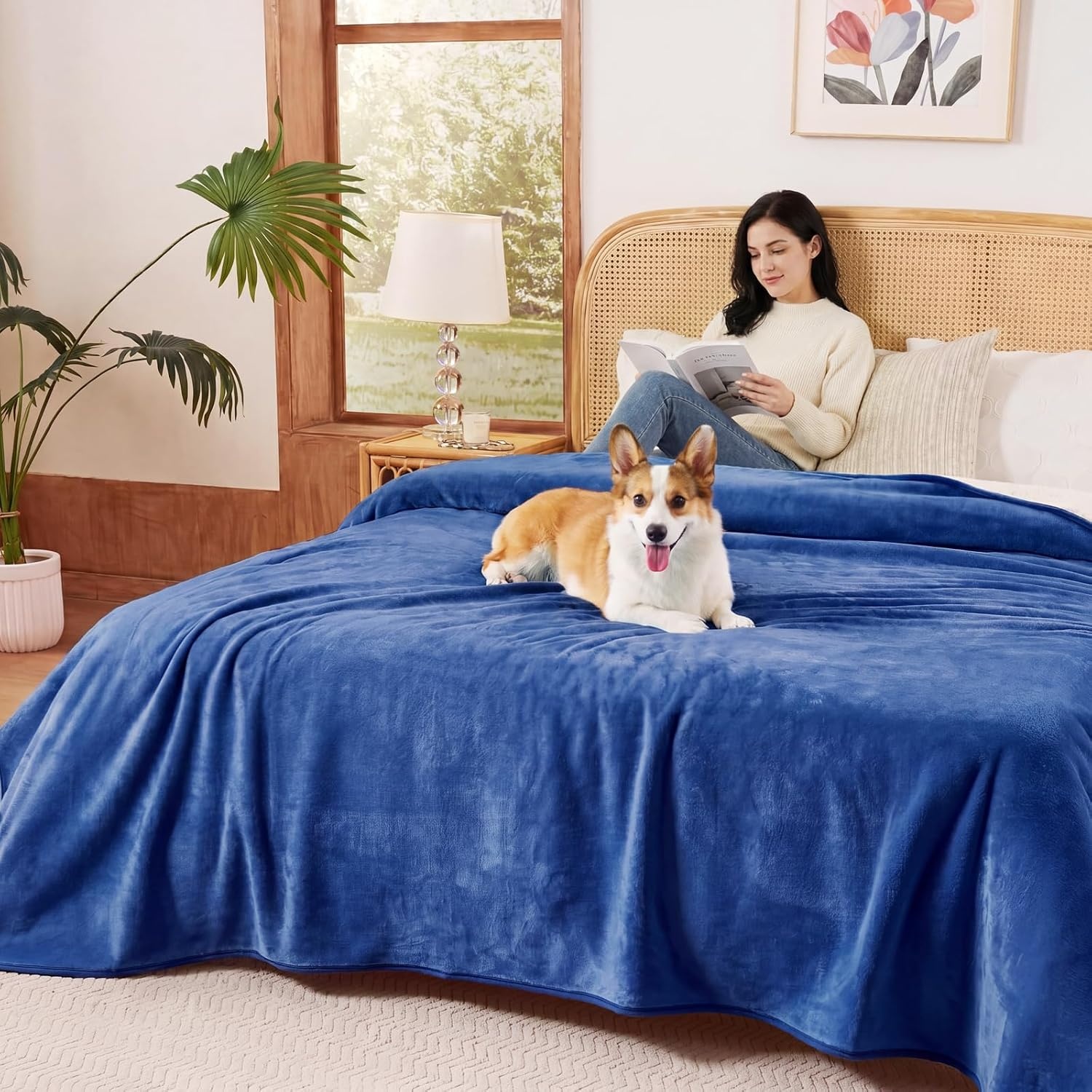 image:imageSunheir Waterproof Blanket for King Size Bed 108x86 Soft Reversible Sherpa Fleece Flannel Dog Blankets for Large Dogs Pet Blanket for Bed Couch Soft Plush Furniture Protector PinkBlue