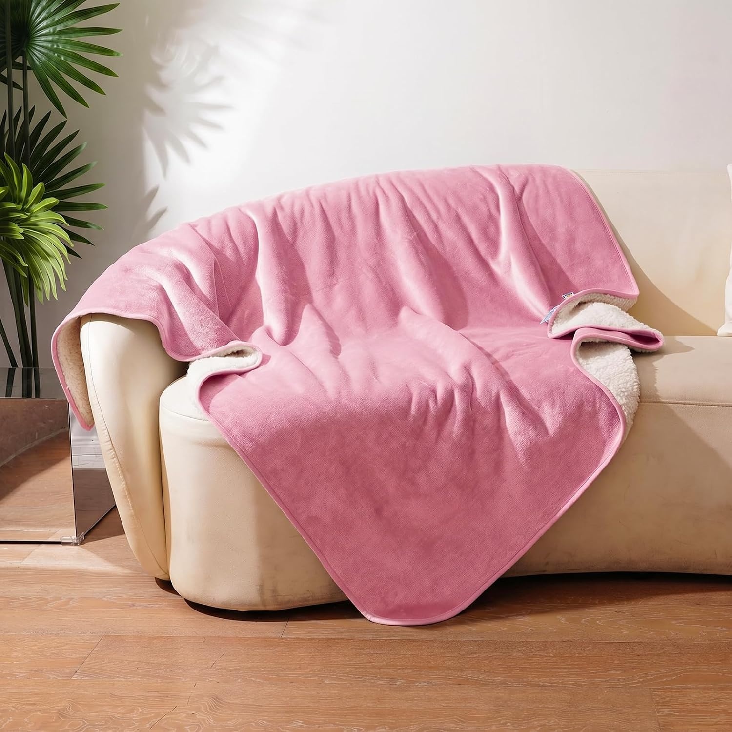 image:imageSunheir Waterproof Blanket for King Size Bed 108x86 Soft Reversible Sherpa Fleece Flannel Dog Blankets for Large Dogs Pet Blanket for Bed Couch Soft Plush Furniture Protector PinkPink