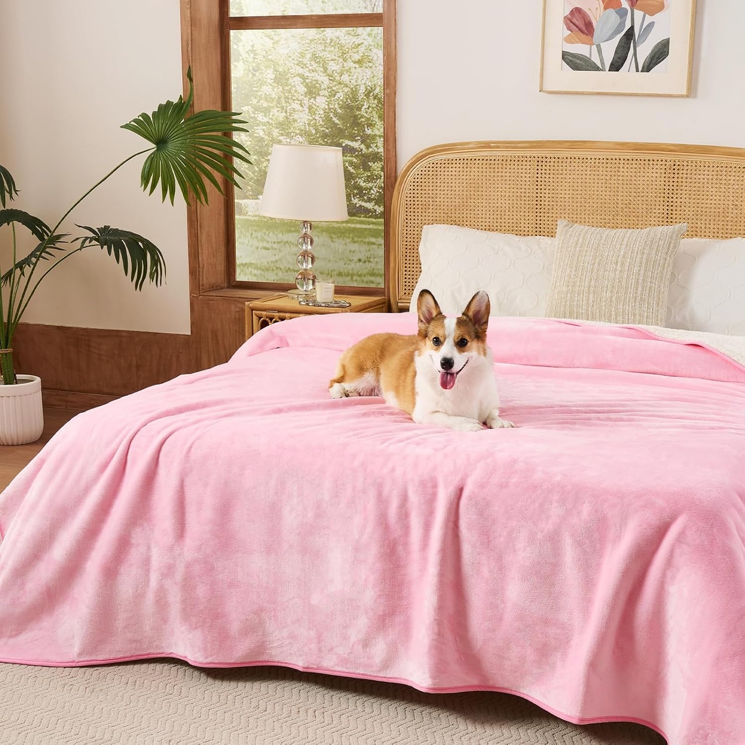 image:imageSunheir Waterproof Blanket for King Size Bed 108x86 Soft Reversible Sherpa Fleece Flannel Dog Blankets for Large Dogs Pet Blanket for Bed Couch Soft Plush Furniture Protector PinkPink