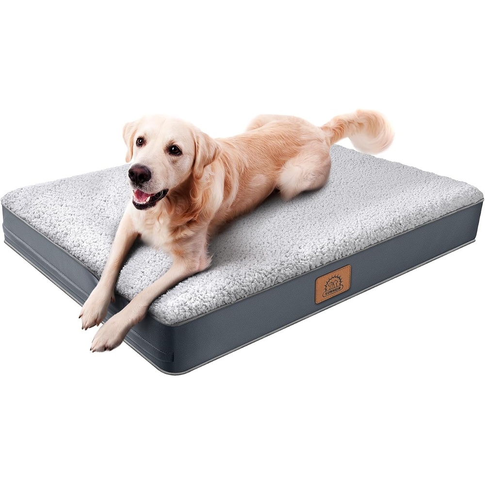 image:imageSunheir Orthopedic Dog Beds Large Sized Dog Big Waterproof Dog Crate Pad Removable Washable Cover Egg Crate Foam Support AntiSlip Bottom Soft Plush Large Pet Bed Mat for Crate Light GreyGrey